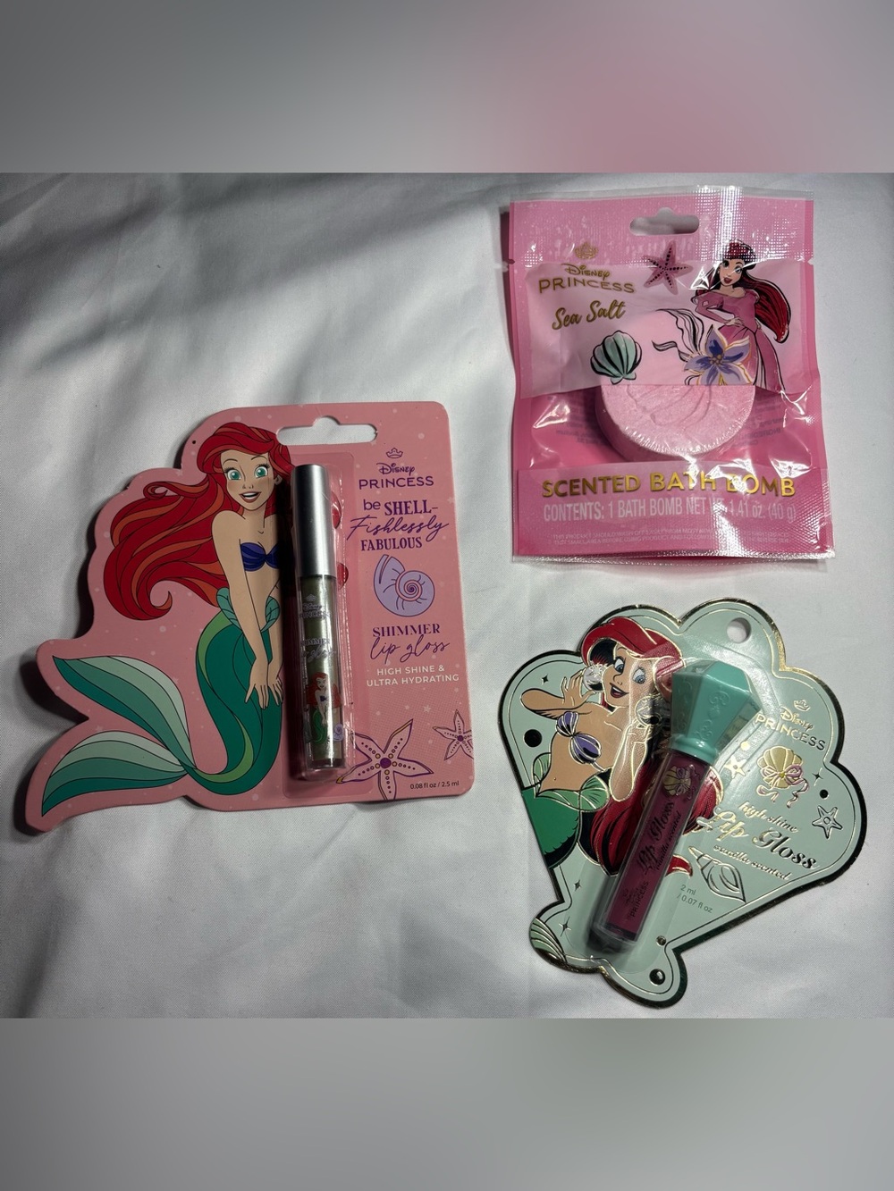 3 New Disney Princess Ariel Lip & Bath Gift Set - Bath Bomb Pink, Teal